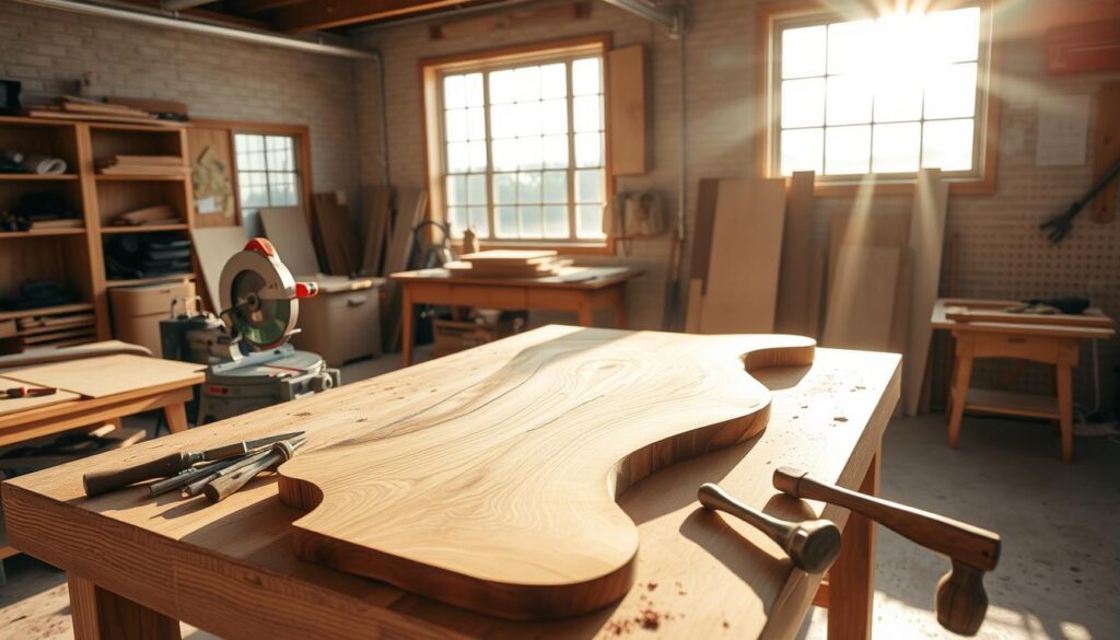 A well-lit workshop interior, with a sturdy workbench in the foreground. On the bench, an assortment of hand tools - a miter saw, chisels, and a hammer - are neatly arranged. Sunlight streams in through large windows, casting a warm glow on the various wood pieces waiting to be cut and shaped for a modern, minimalist coffee table. The wood grain patterns are clearly visible, hinting at the natural beauty that will be revealed through the crafting process. The atmosphere is one of focused concentration and creative anticipation, setting the stage for the intricate work ahead.