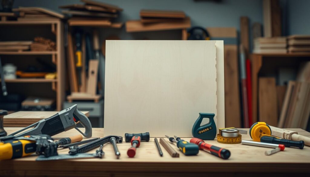 A well-lit workshop scene featuring an assortment of woodworking tools and a stack of plywood sheets on a sturdy workbench. In the foreground, an array of hand tools including a saw, hammer, screwdriver, and measuring tape are neatly arranged. In the middle ground, the plywood sheets stand upright, their clean edges and smooth surfaces showcasing their versatility. The background is softly blurred, hinting at additional workshop elements such as shelves or cabinets. The overall mood is one of organized preparedness, inviting the viewer to envision the start of a DIY project.