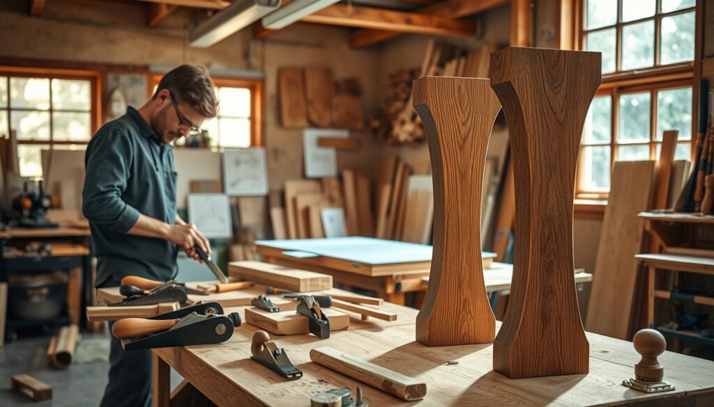 A well-lit workshop scene, with a skilled craftsperson intently focused on constructing sturdy, handcrafted table legs. The foreground features a workbench adorned with an array of woodworking tools - chisels, planes, saws, and clamps. The table legs, made from rich, grainy oak, are being meticulously shaped and sanded, their curves and proportions reflecting the artisan's attention to detail. In the middle ground, a variety of wood samples and sketches hint at the design process. The background showcases the workshop's warm, inviting ambiance, with natural light streaming through large windows, casting a soft, golden glow over the entire scene. The overall atmosphere conveys a sense of craftsmanship, precision, and the satisfaction of creating something beautiful and functional by hand. A well-lit workshop scene, with a skilled craftsperson intently focused on constructing sturdy, handcrafted table legs. The foreground features a workbench adorned with an array of woodworking tools - chisels, planes, saws, and clamps. The table legs, made from rich, grainy oak, are being meticulously shaped and sanded, their curves and proportions reflecting the artisan's attention to detail. In the middle ground, a variety of wood samples and sketches hint at the design process. The background showcases the workshop's warm, inviting ambiance, with natural light streaming through large windows, casting a soft, golden glow over the entire scene. The overall atmosphere conveys a sense of craftsmanship, precision, and the satisfaction of creating something beautiful and functional by hand.