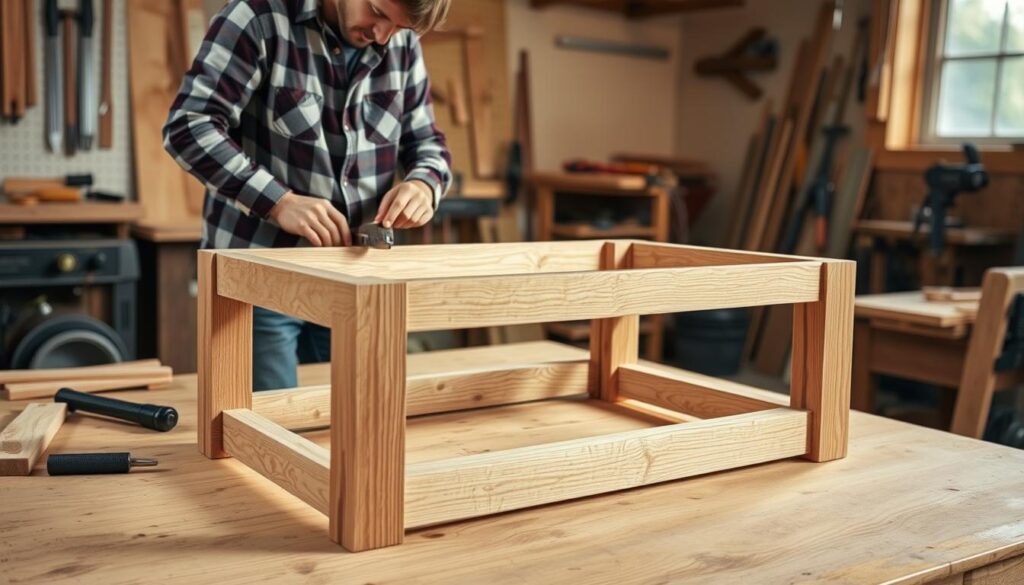 A well-lit workshop setting, a sturdy wooden workbench in the foreground, various woodworking tools neatly arranged. In the center, a partially constructed coffee table base frame made of solid oak boards, the joints precisely cut and fitted together. The carpenter, dressed in a flannel shirt and jeans, carefully measures and aligns the frame pieces, their concentrated expression visible. Soft shadows cast by the overhead lighting accentuate the intricate joinery work. The background blurs into a hazy, out-of-focus environment, keeping the focus on the frame construction process.