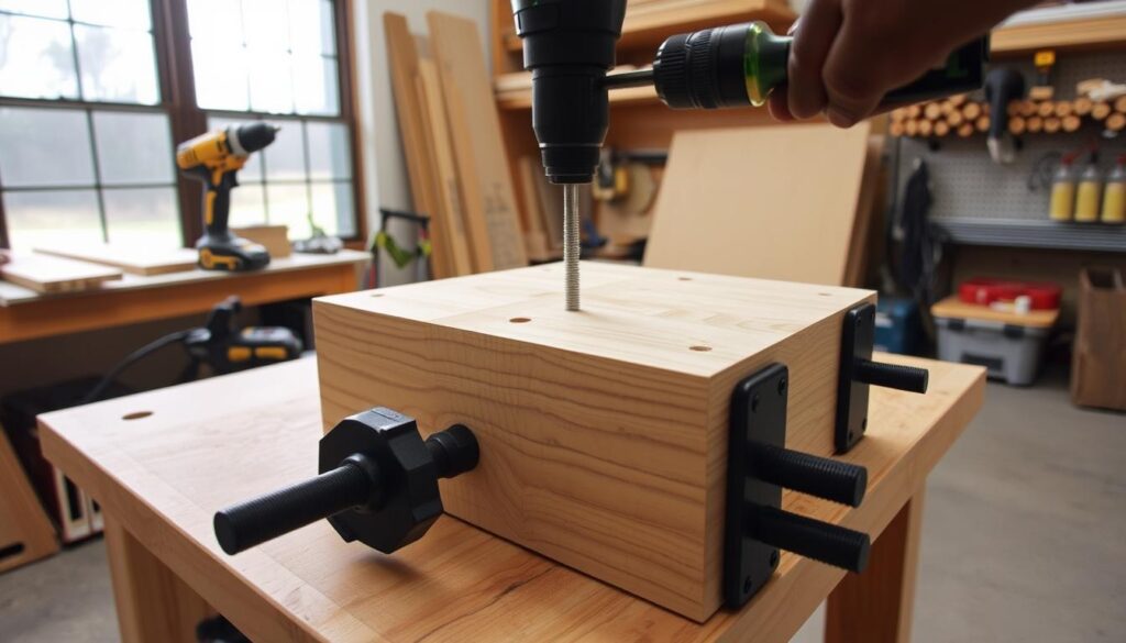 A well-lit workshop setting, the camera positioned to capture the intricate process of drilling holes for threaded rod. In the foreground, a 4x4 wooden workpiece is securely clamped to a sturdy workbench, the drill bit precisely aligning with marked positions. The mid-ground features an array of power tools - a cordless drill, a tape measure, and a set of threaded rods, all neatly organized on a pegboard. The background showcases the workshop's functional details, such as shelves filled with lumber and a window allowing natural light to flood the space, creating a warm, productive atmosphere suitable for a simple yet robust 4x4 coffee table DIY project. A well-lit workshop setting, the camera positioned to capture the intricate process of drilling holes for threaded rod. In the foreground, a 4x4 wooden workpiece is securely clamped to a sturdy workbench, the drill bit precisely aligning with marked positions. The mid-ground features an array of power tools - a cordless drill, a tape measure, and a set of threaded rods, all neatly organized on a pegboard. The background showcases the workshop's functional details, such as shelves filled with lumber and a window allowing natural light to flood the space, creating a warm, productive atmosphere suitable for a simple yet robust 4x4 coffee table DIY project.