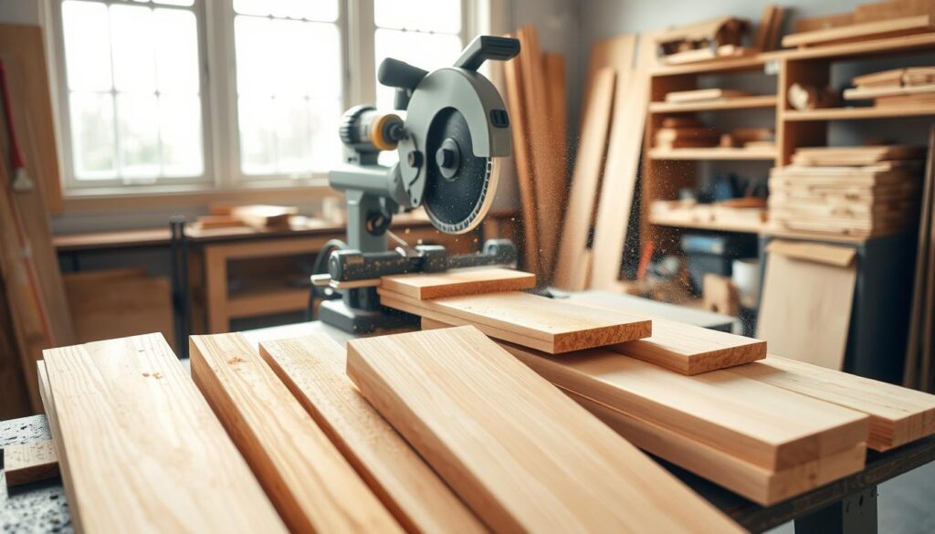 A well-lit workshop setting, with a sturdy workbench at the center. Hands skillfully operate a power miter saw, slicing through a stack of wooden boards with precision. Sawdust swirls in the air, illuminated by soft natural light filtering in through large windows. In the foreground, a collection of freshly cut planks in various sizes and grains, waiting to be sanded and prepared for assembly. The background features organized shelves of tools and materials, creating a sense of a dedicated workspace for woodworking. The overall atmosphere is one of focused craftsmanship, with a sense of care and attention to detail.