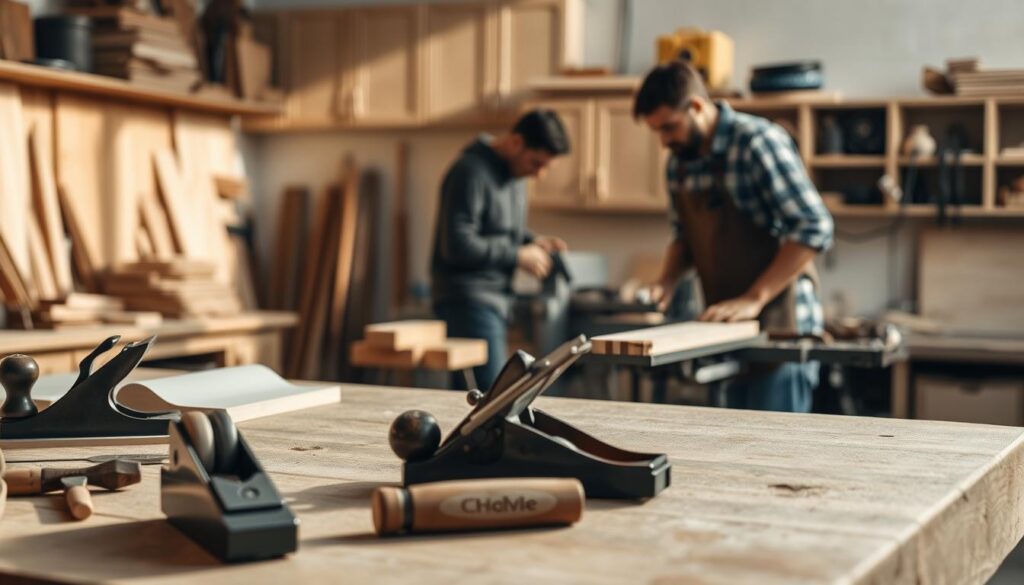 A well-lit workshop showcasing various wood preparation techniques. In the foreground, a workbench displays an array of hand tools, including a plane, chisel, and sandpaper. In the middle ground, a skilled carpenter carefully shapes a wooden board with a bandsaw, creating precise and clean edges. The background features a wall of organized storage cabinets, casting soft shadows and imbuing the scene with a sense of order and craftsmanship. The overall atmosphere conveys the quiet focus and attention to detail required for exceptional woodworking. A well-lit workshop showcasing various wood preparation techniques. In the foreground, a workbench displays an array of hand tools, including a plane, chisel, and sandpaper. In the middle ground, a skilled carpenter carefully shapes a wooden board with a bandsaw, creating precise and clean edges. The background features a wall of organized storage cabinets, casting soft shadows and imbuing the scene with a sense of order and craftsmanship. The overall atmosphere conveys the quiet focus and attention to detail required for exceptional woodworking.