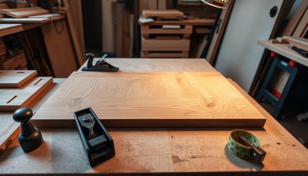 A well-lit workshop, the surface of a sturdy wooden tabletop laid out on a workbench. Carefully selected planks of oak or maple, their grain patterns accentuated by the warm glow of task lighting. Woodworking tools - a hand plane, a mallet, and a measuring tape - are neatly arranged, ready to shape and refine the raw materials. The tabletop is positioned at a slight angle, allowing for a clear, detailed view of the construction process. A sense of focused craftsmanship permeates the scene, inviting the viewer to imagine the steps required to build a beautiful, functional coffee table from the ground up.