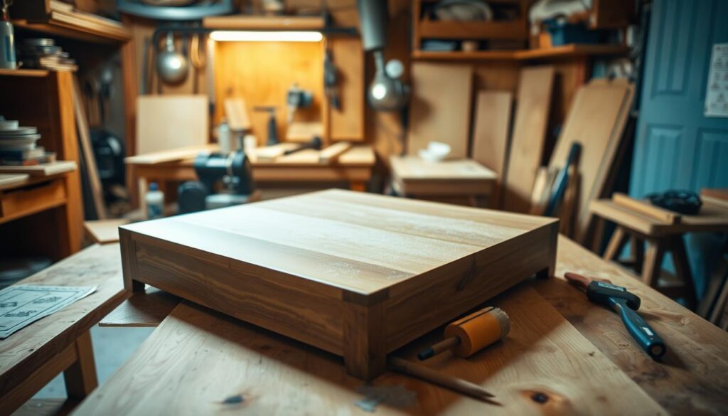 A well-lit workshop with a craftsman's workbench in the foreground, showcasing the process of finishing a DIY square coffee table. In the center, a tabletop is being carefully sanded, smoothing the surface with precision. The middle ground features various woodworking tools, including a staining brush and a sealant applicator, ready for the next steps. The background depicts a warm, ambient lighting, creating a cozy, inviting atmosphere, emphasizing the attention to detail and the satisfaction of the final touches. Soft shadows and highlights accentuate the textures of the wood, capturing the essence of the "Finishing Touches: Sanding, Staining, and Sealing Your Table" section.
