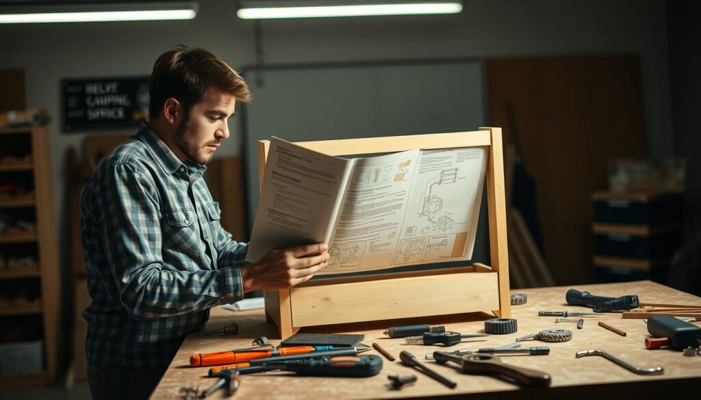 A well-lit workshop with a partially assembled piece of furniture on a workbench. A person in a casual outfit is carefully examining the instruction manual, troubleshooting the assembly process. Various tools and hardware are neatly organized on the bench, suggesting a methodical approach. The lighting casts dramatic shadows, highlighting the concentration on the person's face. The background is blurred, keeping the focus on the assembly task at hand. The overall mood is one of focused problem-solving, with a touch of determination to overcome the challenge. A well-lit workshop with a partially assembled piece of furniture on a workbench. A person in a casual outfit is carefully examining the instruction manual, troubleshooting the assembly process. Various tools and hardware are neatly organized on the bench, suggesting a methodical approach. The lighting casts dramatic shadows, highlighting the concentration on the person's face. The background is blurred, keeping the focus on the assembly task at hand. The overall mood is one of focused problem-solving, with a touch of determination to overcome the challenge.