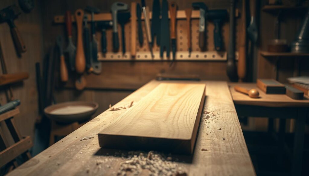 A well-lit workshop with a wooden workbench in the foreground. On the workbench, a piece of raw wood is being carefully shaped and sanded, the process highlighted by the warm glow of task lighting. Sawdust and wood shavings litter the surface, adding a sense of focused, hands-on work. In the middle ground, various woodworking tools hang neatly on the wall, their clean lines and utilitarian design complementing the rustic setting. The background fades into soft shadows, creating depth and an atmosphere of serene productivity. The scene conveys the meticulous attention to detail and skilled craftsmanship required to achieve a flawlessly smooth, finished wood surface.