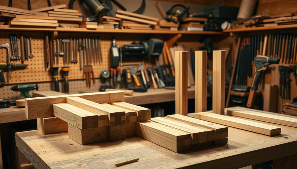 A well-lit workshop with an array of woodworking tools neatly organized on the shelves, casting soft shadows. In the center, a workbench showcases various 2x4 boards being carefully assembled using proper joinery techniques - mortise and tenon joints, pocket hole screws, and wood glue. The joints are tight, the surfaces smooth, and the overall construction appears sturdy and precise. The warm glow of incandescent lighting creates a cozy, focused atmosphere, emphasizing the skilled craftsmanship on display.