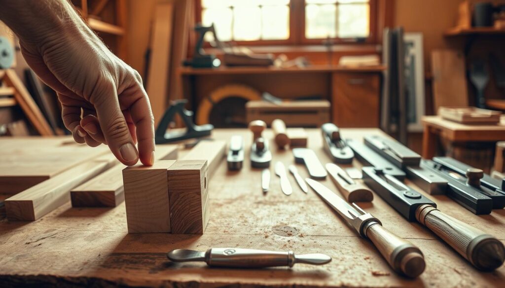 A well-lit workshop with various woodworking tools neatly arranged on a wooden workbench. In the foreground, a carpenter's hand meticulously aligns two precisely cut wooden pieces, showcasing the intricate joinery techniques used in fine furniture making. The middle ground features a range of sharp chisels, planes, and saws, their shiny metal surfaces reflecting the warm glow of the workshop lighting. In the background, a large window allows natural light to filter in, casting a soft, diffused illumination across the scene. The overall atmosphere conveys a sense of focus, attention to detail, and the artistry involved in creating high-quality woodworking projects. A well-lit workshop with various woodworking tools neatly arranged on a wooden workbench. In the foreground, a carpenter's hand meticulously aligns two precisely cut wooden pieces, showcasing the intricate joinery techniques used in fine furniture making. The middle ground features a range of sharp chisels, planes, and saws, their shiny metal surfaces reflecting the warm glow of the workshop lighting. In the background, a large window allows natural light to filter in, casting a soft, diffused illumination across the scene. The overall atmosphere conveys a sense of focus, attention to detail, and the artistry involved in creating high-quality woodworking projects.