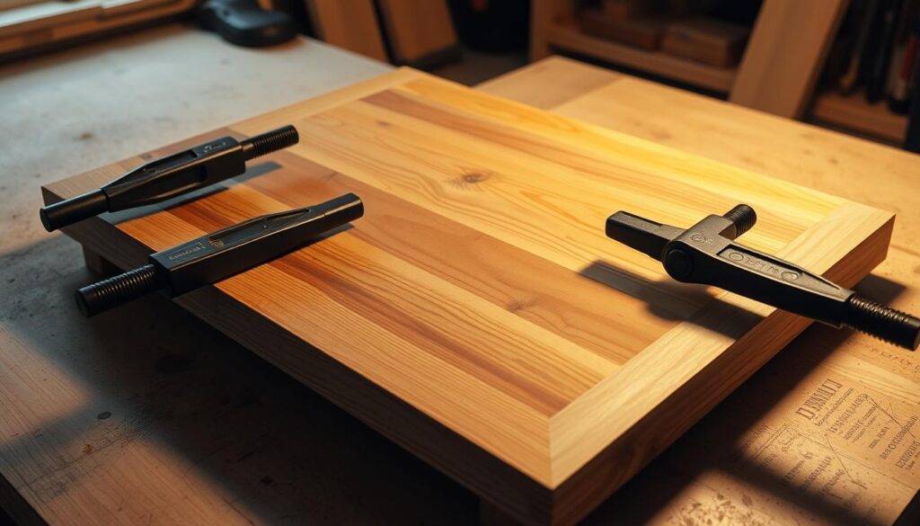 A well-lit workspace, a wooden tabletop resting on a sturdy surface. Two large C-clamps hold the tabletop in place, exerting even pressure as the glue dries. The grain of the wood is visible, the surface smooth and sanded. The clamps are positioned at strategic points, securing the tabletop and ensuring a strong, seamless joint. A subtle warm glow illuminates the scene, casting soft shadows that accentuate the textures and contours of the materials. The overall atmosphere is one of focused, methodical assembly - a crucial step in the process of crafting a beautiful, functional coffee table.