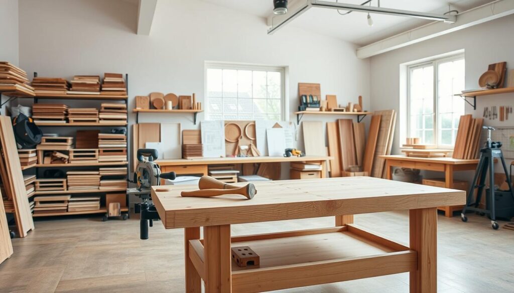 A well-organized DIY project workspace setup, with a clean and modern aesthetic. The foreground features a sturdy wooden workbench, adorned with a variety of woodworking tools, including a saw, chisels, and a hammer. The middle ground showcases a collection of wood samples and project plans, neatly arranged on shelves. The background depicts a bright, airy room with large windows, allowing ample natural light to pour in and create a warm, inviting atmosphere. The overall mood is one of focus, productivity, and a sense of accomplishment, reflecting the subject of a "DIY Fluted Coffee Table: Trendy Design You Can Build". A well-organized DIY project workspace setup, with a clean and modern aesthetic. The foreground features a sturdy wooden workbench, adorned with a variety of woodworking tools, including a saw, chisels, and a hammer. The middle ground showcases a collection of wood samples and project plans, neatly arranged on shelves. The background depicts a bright, airy room with large windows, allowing ample natural light to pour in and create a warm, inviting atmosphere. The overall mood is one of focus, productivity, and a sense of accomplishment, reflecting the subject of a "DIY Fluted Coffee Table: Trendy Design You Can Build".