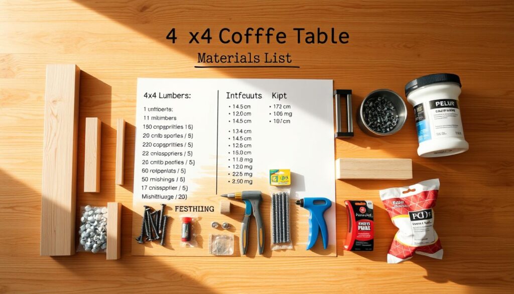 A well-organized materials list for a sturdy 4x4 coffee table, presented on a clean wood-grain surface, bathed in warm, natural lighting. The list includes precise dimensions and quantities of lumber, fasteners, and finishing supplies, artfully arranged to convey a sense of craftsmanship and attention to detail. The layout is balanced, with ample negative space, allowing the individual items to stand out clearly. The overall mood is one of intentionality and preparedness, setting the stage for a successful DIY project. A well-organized materials list for a sturdy 4x4 coffee table, presented on a clean wood-grain surface, bathed in warm, natural lighting. The list includes precise dimensions and quantities of lumber, fasteners, and finishing supplies, artfully arranged to convey a sense of craftsmanship and attention to detail. The layout is balanced, with ample negative space, allowing the individual items to stand out clearly. The overall mood is one of intentionality and preparedness, setting the stage for a successful DIY project.