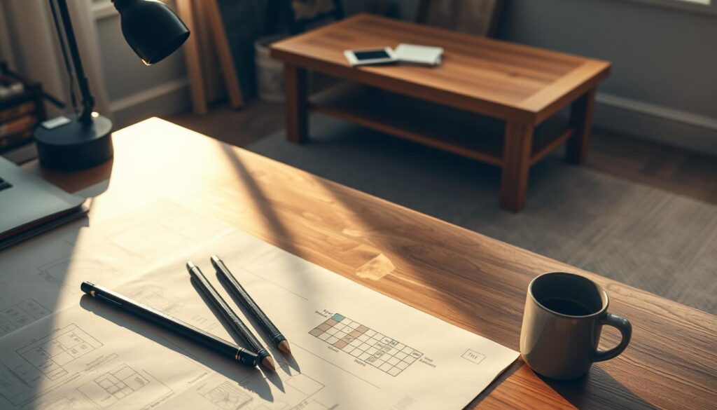 A well-organized office desk with drafting paper, mechanical pencils, a ruler, and a coffee mug. The desk is illuminated by a warm, focused light from an angle, casting dramatic shadows. In the background, a wooden coffee table is positioned, its surface covered in sketches, color swatches, and design notes, hinting at the planning process for a new coffee table project. The overall atmosphere is one of thoughtful creativity and attention to detail, reflecting the careful planning stage of a DIY furniture build.