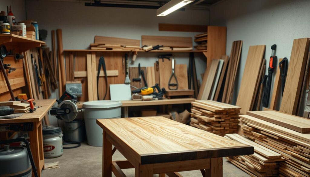 A well-organized woodworking workshop, with a sturdy workbench at the center. Assorted tools and materials are neatly arranged, including a circular saw, sandpaper, wood glue, and a collection of wooden planks in various sizes. Soft, diffused lighting illuminates the scene, creating a warm and focused atmosphere. The workshop is meticulously clean, with a sense of order and anticipation for the upcoming DIY coffee table project. The camera angles capture the workspace from multiple perspectives, highlighting the attention to detail and the preparedness of the craftsperson. A well-organized woodworking workshop, with a sturdy workbench at the center. Assorted tools and materials are neatly arranged, including a circular saw, sandpaper, wood glue, and a collection of wooden planks in various sizes. Soft, diffused lighting illuminates the scene, creating a warm and focused atmosphere. The workshop is meticulously clean, with a sense of order and anticipation for the upcoming DIY coffee table project. The camera angles capture the workspace from multiple perspectives, highlighting the attention to detail and the preparedness of the craftsperson.