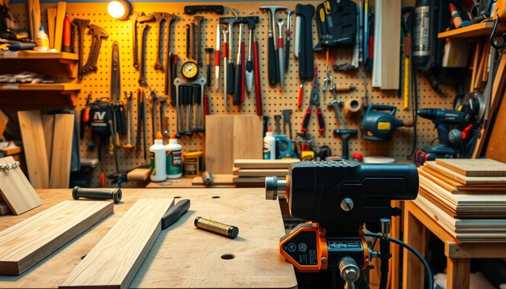 A well-organized workspace filled with various tools and materials for furniture construction. In the foreground, a sturdy workbench with a vise, saws, chisels, and a cordless drill. Midground showcases wood planks, wood glue, sandpaper, and a measuring tape. The background depicts a pegboard with an assortment of hand tools, clamps, and a power sander. Warm incandescent lighting illuminates the scene, creating a cozy, focused atmosphere for the DIY enthusiast. The scene conveys a sense of productivity, craftsmanship, and the journey of building a unique piece of furniture. A well-organized workspace filled with various tools and materials for furniture construction. In the foreground, a sturdy workbench with a vise, saws, chisels, and a cordless drill. Midground showcases wood planks, wood glue, sandpaper, and a measuring tape. The background depicts a pegboard with an assortment of hand tools, clamps, and a power sander. Warm incandescent lighting illuminates the scene, creating a cozy, focused atmosphere for the DIY enthusiast. The scene conveys a sense of productivity, craftsmanship, and the journey of building a unique piece of furniture.