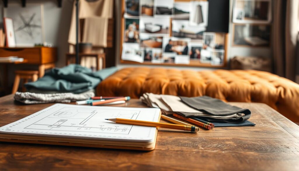 A well-organized workspace with a variety of planning materials for a DIY ottoman coffee table project. In the foreground, a sketchpad, ruler, and pencils sit on a wooden table, ready for initial designs and measurements. In the middle ground, swatches of fabric, leather, and upholstery materials are arranged, allowing for texture and color exploration. In the background, a mood board displays inspirational photos of similar projects, providing a visual reference. Warm, natural lighting casts a cozy glow, reflecting the transformative nature of this DIY endeavor from comfort to function.