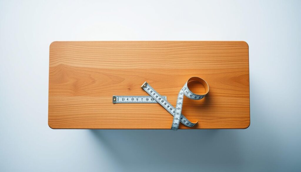A wood-grain table surface, its edges slightly beveled, sits centered on a plain backdrop. Soft, diffused lighting from above casts gentle shadows, highlighting the table's simple yet elegant design. The table's height is the focus, with a measuring tape draped across its surface, inviting the viewer to consider the optimal ergonomic placement. The overall scene conveys a sense of thoughtful planning and attention to detail, perfectly complementing the article's subject matter.