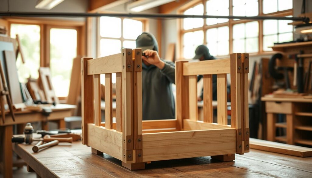 A wooden workbench with various carpentry tools arranged neatly. In the foreground, the partially constructed crate frame takes shape, the wooden slats and joints forming a sturdy, rectangular structure. The middle ground shows the framework being carefully assembled, with hands skillfully wielding a hammer and screwdriver. The background features a well-lit, airy workshop space, with natural light filtering in through large windows, casting a warm glow over the scene. The overall atmosphere conveys a sense of focused craftsmanship and a step-by-step process towards creating a functional, high-quality piece of furniture.