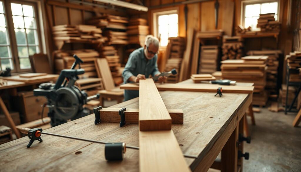 A woodworking workshop with natural lighting streaming through large windows. In the foreground, a workbench with a miter saw, clamps, and a selection of hand tools. On the bench, two wooden boards are being carefully straightened and aligned, their edges perfectly flush. In the middle ground, a skilled carpenter uses a block plane to meticulously remove any uneven surfaces, creating a smooth, uniform finish. The background features neatly organized shelves of lumber, stacks of finished projects, and a sense of order and precision. The overall mood is one of focused craftsmanship, with a subtle warm glow illuminating the scene.