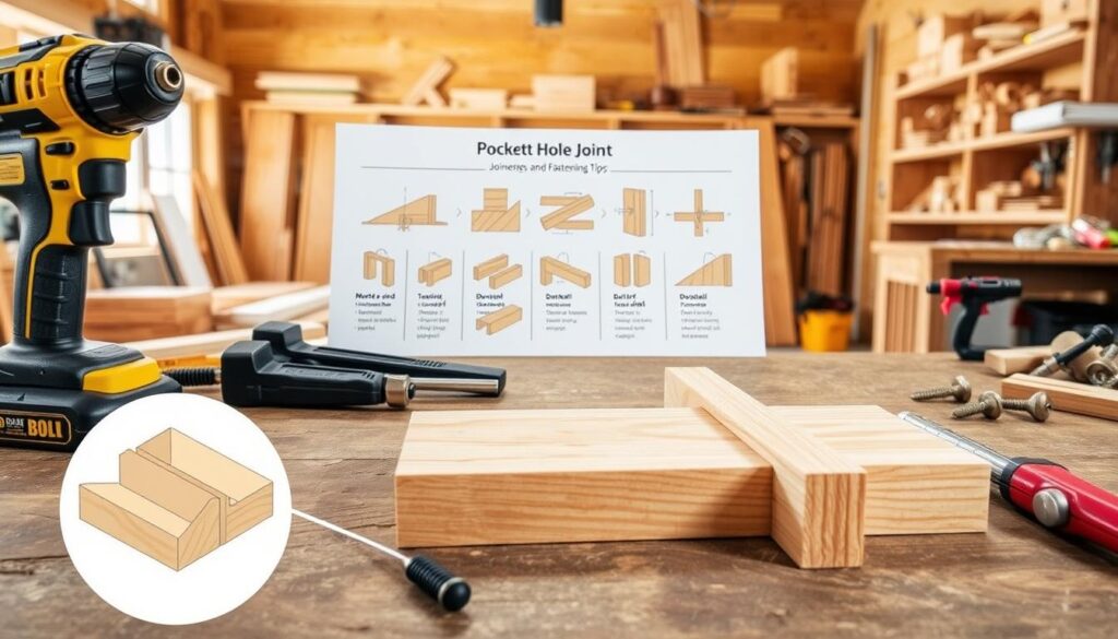 A workbench with various woodworking tools and materials, including a cordless drill, clamps, and a selection of wood joints and hardware. In the foreground, a detailed illustration of a pocket hole joint construction, showcasing the angled drilling and wood screws. The middle ground features a step-by-step diagram demonstrating different joinery techniques, such as mortise and tenon, dovetail, and butt joints. The background shows a warm, natural-lit workshop environment, with wooden beams and shelves displaying various woodworking projects. The overall scene conveys a sense of DIY expertise and practical guidance for the article's "Joinery Techniques and Fastening Tips" section.