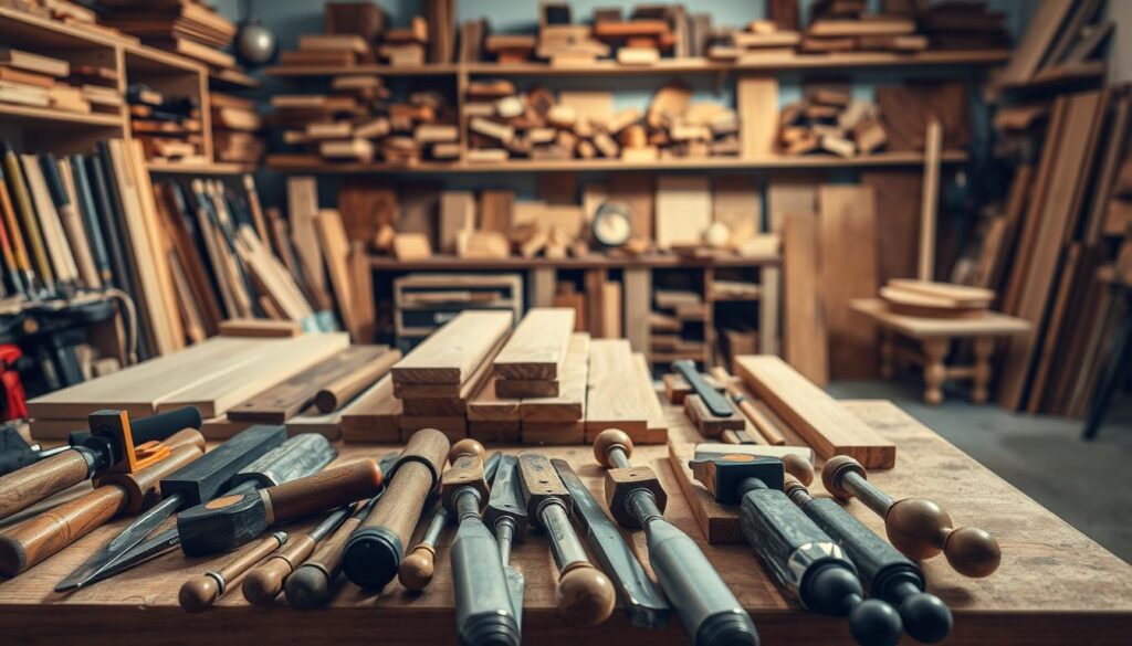 A workshop filled with a diverse array of woodworking tools and materials for crafting a stylish coffee table. In the foreground, a collection of chisels, saws, and clamps in various shapes and sizes, arranged neatly on a workbench. In the middle ground, wooden planks, dowels, and decorative ball legs in warm, natural tones, ready for assembly. The background showcases a well-lit studio space with shelves of stained and finished wood pieces, casting soft shadows and creating a cozy, inviting atmosphere. The lighting is warm and natural, capturing the textures and grains of the wood in vivid detail. The overall scene conveys a sense of craftsmanship, creativity, and the tools and resources needed to build a beautiful, unique coffee table.
