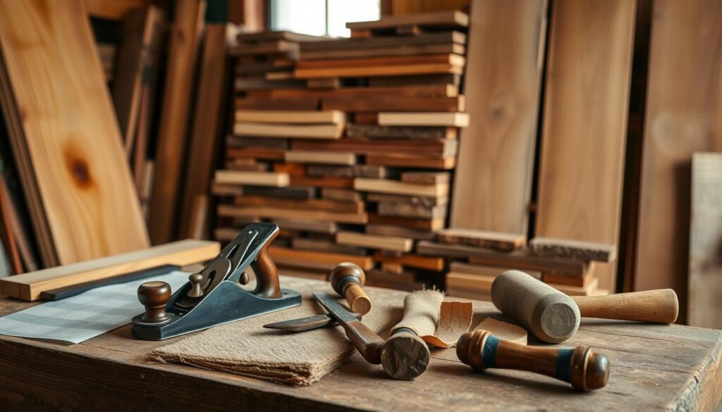 A workshop scene with an assortment of woodworking tools and materials for crafting a side table. In the foreground, a selection of hand tools including a plane, chisels, sandpaper, and a mallet sit neatly arranged on a weathered wooden workbench. In the middle ground, rough-sawn hardwood boards in varying lengths and thicknesses are stacked, their grain patterns and tones creating a visually interesting backdrop. Soft, diffused lighting from an unseen window creates gentle shadows and highlights the natural textures of the wood. The overall mood is one of calm focus and purposeful creativity, setting the stage for the DIY project at hand. A workshop scene with an assortment of woodworking tools and materials for crafting a side table. In the foreground, a selection of hand tools including a plane, chisels, sandpaper, and a mallet sit neatly arranged on a weathered wooden workbench. In the middle ground, rough-sawn hardwood boards in varying lengths and thicknesses are stacked, their grain patterns and tones creating a visually interesting backdrop. Soft, diffused lighting from an unseen window creates gentle shadows and highlights the natural textures of the wood. The overall mood is one of calm focus and purposeful creativity, setting the stage for the DIY project at hand.