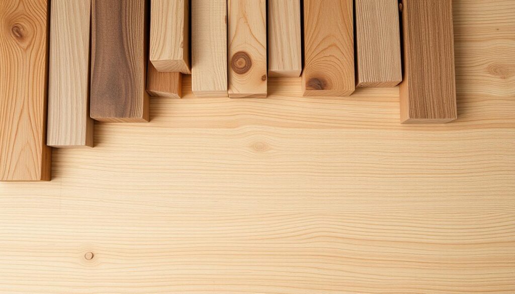 An assortment of natural timber samples laid out on a clean, minimalist tabletop. The wood grains, knots, and subtle variations in color and texture are the focal point, showcased in soft, even lighting. The tabletop is made of a smooth, matte material like oak, maple, or pine, providing a neutral backdrop to highlight the beauty of the raw materials. The composition is arranged in an organized, deliberate manner, inviting the viewer to closely inspect and appreciate the unique characteristics of each piece of timber. The overall mood is one of simplicity, materiality, and an appreciation for the natural qualities of the wood.