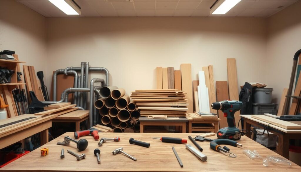 An organized and well-lit workspace with a sturdy wooden workbench in the foreground. Various tools, including a hammer, screwdrivers, and a power drill, neatly arranged on the bench. In the middle ground, a variety of metal pipes, wooden boards, and other materials for the furniture project are stacked and sorted. The background features a neutral-colored wall, providing a clean and uncluttered backdrop. Soft, diffused lighting from overhead fixtures creates a warm and productive atmosphere, ideal for a focused DIY endeavor.