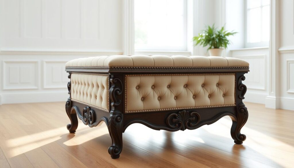 An ornately carved, tufted ottoman with a medium-dark wood finish, set against a bright, minimalist room with white walls and light hardwood floors. The ottoman is positioned at a 3/4 angle, allowing for a clear view of its detailed, high-backed design and plush, beige upholstery. Soft, directional lighting from a large window accentuates the texture and depth of the ottoman's surface. The overall scene conveys a sense of elegant, yet functional, living room decor that is ready to serve as the foundation for a convertible coffee table setup.
