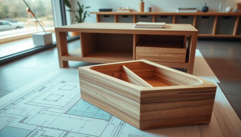 Detailed design plans for a modern, minimalist coffee table with built-in storage compartments. The table features clean, geometric lines in a sleek, polished wood finish. In the foreground, a technical illustration showcases the table's internal structure and compartment layout, with precise measurements and dimensions. In the middle ground, a low-angle perspective captures the table's elegant silhouette, highlighted by natural lighting filtering in from a large window. In the background, a serene, uncluttered workspace sets the mood for thoughtful planning and creative design. Detailed design plans for a modern, minimalist coffee table with built-in storage compartments. The table features clean, geometric lines in a sleek, polished wood finish. In the foreground, a technical illustration showcases the table's internal structure and compartment layout, with precise measurements and dimensions. In the middle ground, a low-angle perspective captures the table's elegant silhouette, highlighted by natural lighting filtering in from a large window. In the background, a serene, uncluttered workspace sets the mood for thoughtful planning and creative design.