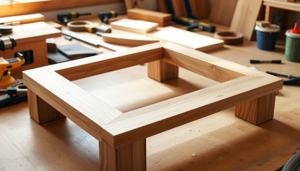 Detailed image of a DIY square coffee table base. In the foreground, a sturdy wooden frame with four thick, square legs made of oak or maple. The legs are joined by two horizontal runners, creating a stable base. The middle ground shows the runners in profile, their precise joinery and smooth finish visible. The background depicts the workspace, with tools and materials like clamps, sandpaper, and wood glue scattered around. Warm, natural lighting illuminates the scene, casting gentle shadows that accentuate the craftsmanship. The overall mood is one of focused, hands-on creation - a step-by-step guide to building a compact, functional coffee table base for small spaces.