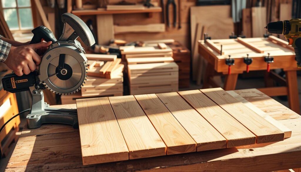 Detailed step-by-step process of wood cutting and assembly for a DIY coffee table. A well-lit workshop with various woodworking tools laid out on a sturdy workbench. In the foreground, a carpenter's hands skillfully operate a miter saw, precisely cutting wooden planks. In the middle ground, the cut pieces are arranged, ready for assembly. The background showcases the assembly process, with clamps securing the joints and a handheld power drill fastening the components. Warm, natural lighting casts dynamic shadows, highlighting the craftsmanship. The overall scene conveys a sense of focused, methodical progress towards the final DIY furniture piece. Detailed step-by-step process of wood cutting and assembly for a DIY coffee table. A well-lit workshop with various woodworking tools laid out on a sturdy workbench. In the foreground, a carpenter's hands skillfully operate a miter saw, precisely cutting wooden planks. In the middle ground, the cut pieces are arranged, ready for assembly. The background showcases the assembly process, with clamps securing the joints and a handheld power drill fastening the components. Warm, natural lighting casts dynamic shadows, highlighting the craftsmanship. The overall scene conveys a sense of focused, methodical progress towards the final DIY furniture piece.