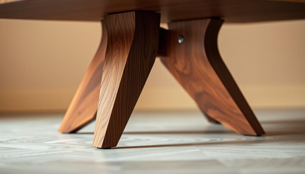 Detailed walnut wood table legs with a modern minimalist design, showcasing the natural grain and rich color tones. The legs are slender and tapered, creating a visually striking yet sturdy foundation. Captured in a warm, diffused lighting setup that highlights the smooth, satin-like texture of the wood. The image is shot from a slightly elevated angle, emphasizing the elegant proportions and the seamless integration of the legs with the tabletop. The overall atmosphere conveys a sense of refined, contemporary elegance, perfectly suited for the "Walnut Tops with Metal Legs" section of the DIY coffee table article.
