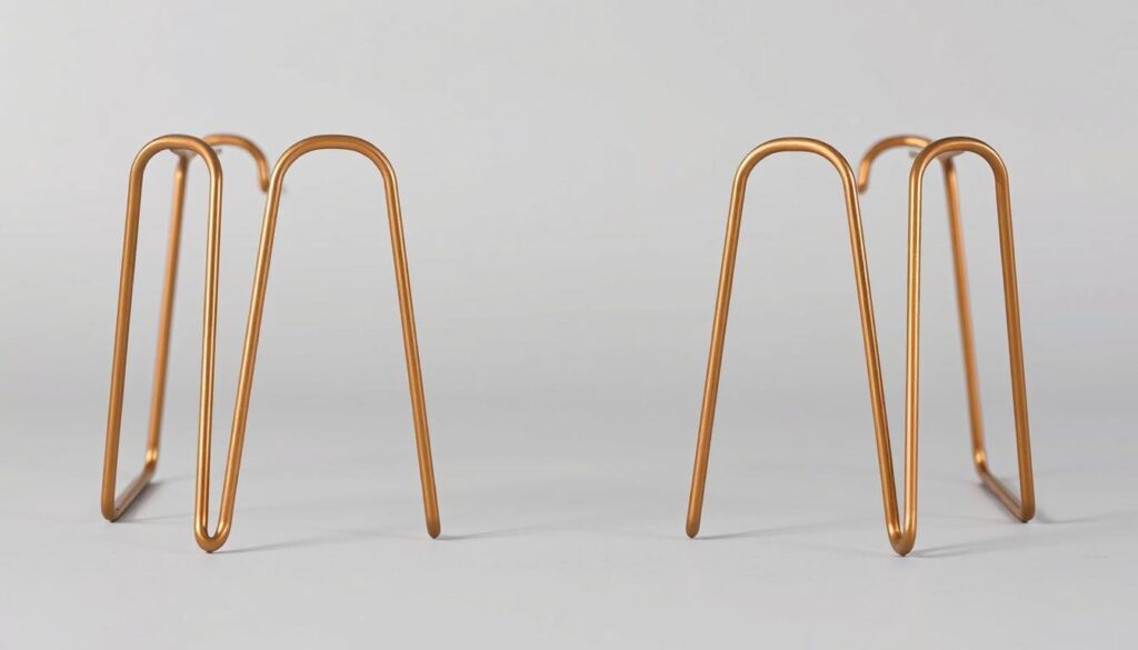 High-quality, detailed image of a set of sleek, modern hairpin legs in a natural, minimalist style. The hairpin legs are made of smooth, polished metal with a warm, metallic sheen. The legs are positioned in a neat, orderly arrangement, with clean lines and precise geometry. The lighting is soft and diffused, creating gentle shadows that accentuate the form and texture of the legs. The background is a plain, neutral surface, allowing the hairpin legs to be the focal point. The overall aesthetic is one of simplicity, functionality, and mid-century design sensibility.