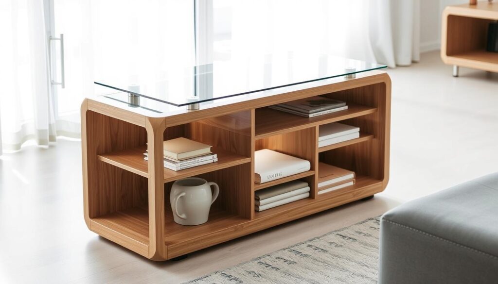 Innovative storage side table with a modern, minimalist design. Sleek wooden frame with open shelving and hidden compartments. Soft, ambient lighting illuminates the display space. A single, floating glass top creates a seamless, elevated surface. Subtle metal accents add a touch of industrial charm. The table is positioned in a bright, airy room with neutral tones and natural textures, allowing the innovative storage solution to take center stage.