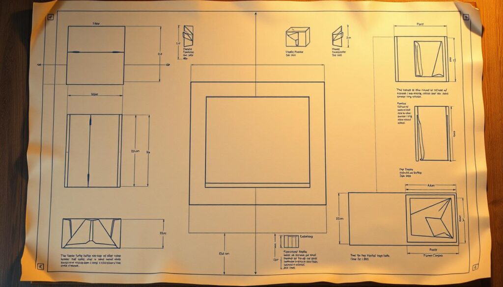 Intricate blueprint of a square coffee table design, meticulously rendered on an aged parchment. Detailed schematics showcase the table's compact, minimalist form, with precise measurements and architectural drawings. Warm lighting casts soft shadows, highlighting the clean lines and geometric shapes. The blueprint is displayed in a neutral, natural color palette, conveying a sense of timeless craftsmanship. Subtle textures and distressed edges lend an authentic, handcrafted aesthetic, perfect for a DIY small-space project. Careful attention to proportion and scale ensures the design is both visually striking and functionally optimal.