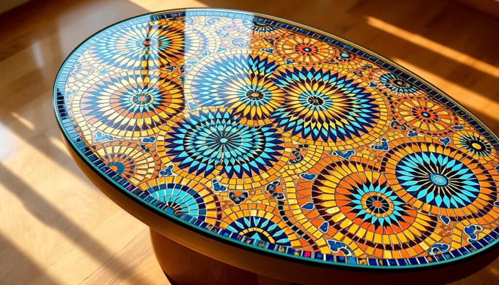 Vibrant mosaic patterns dance across a smooth, wooden tabletop. Intricate geometric designs in a kaleidoscope of colors - deep blues, shimmering golds, and earthy terracotta tiles - create a captivating visual texture. Diffused natural light filters through the glass top, casting soft shadows and highlighting the depth and dimension of the mosaic. The overall effect is one of artistic sophistication and handcrafted elegance, perfect for adding a touch of creative flair to any living space.