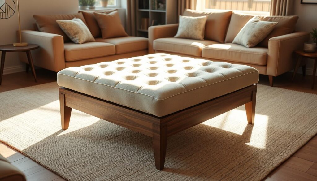 a beautifully designed dual-function ottoman coffee table, with a plush, tufted top that seamlessly transitions into a sleek, wooden frame. The table is positioned in a cozy, sun-drenched living room, with warm, natural lighting accentuating the rich textures and details. The piece is styled with a minimalist, mid-century modern aesthetic, complemented by a neutral color palette and clean lines. Soft, diffused shadows create depth and dimension, while the camera angle provides a high-end, editorial-style perspective, showcasing the table's versatile design and functionality as both an ottoman and a coffee table.
