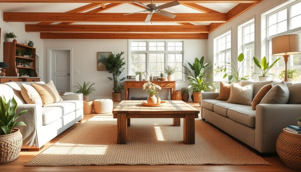 a bright and airy living room with a rustic 2x4 coffee table as the focal point, surrounded by plush linen sofas, natural fiber area rugs, and an abundance of house plants. Warm wooden beams overhead and large windows allowing natural light to flood the space. The room has a cozy and inviting atmosphere, perfect for relaxing and enjoying time with family or friends. The 2x4 coffee table is a simple yet stylish piece that complements the room's rustic-chic aesthetic, showcasing the versatility and affordability of common lumber.