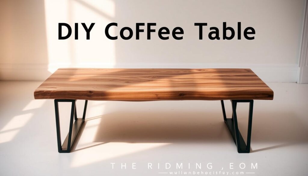 a cozy and inviting DIY coffee table design, showcasing a rustic wooden tabletop with natural knots and grains, set against a minimalist background with warm lighting, soft shadows, and a clean, modern aesthetic. The tabletop is complemented by sleek metal or industrial-style legs, creating a harmonious blend of textures and materials. The overall composition exudes a sense of simplicity, functionality, and artistic flair, inspiring the viewer to consider building their own unique coffee table for their living space.