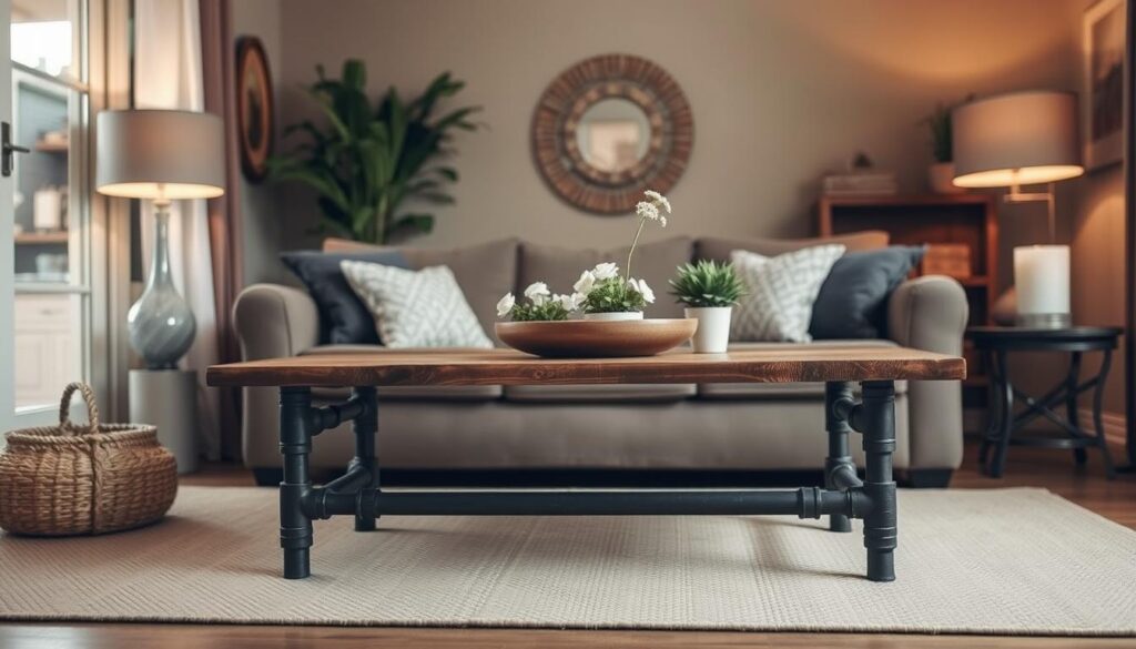 a cozy and inviting budget-friendly DIY coffee table project, set in a warm and rustic living room. The table is made of reclaimed wood planks and metal pipes, with a simple yet stylish design. Soft lighting from table lamps creates a welcoming ambiance, while natural textures like woven baskets and potted plants add to the homely feel. The composition emphasizes the table's practical functionality and its ability to transform the space, showcasing a practical and affordable DIY solution for the living room.