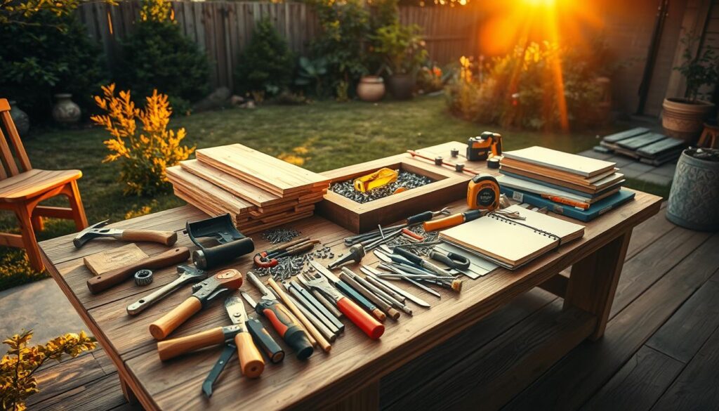 a cozy and inviting outdoor scene with an assortment of DIY materials and tools scattered across a wooden table, ready to be used in the construction of a coffee table fire pit. The table is situated in a well-lit, rustic backyard setting, surrounded by lush greenery and a warm, golden sunset glow. On the table, various tools such as hammers, saws, nails, screws, and measuring tapes are neatly arranged, alongside piles of wood planks, metal sheets, and other raw materials. The overall mood is one of productive preparation, where the viewer can almost feel the anticipation of the upcoming project. The camera angle is slightly elevated, capturing the scene from an angle that emphasizes the organized, yet casual nature of the gathering. a cozy and inviting outdoor scene with an assortment of DIY materials and tools scattered across a wooden table, ready to be used in the construction of a coffee table fire pit. The table is situated in a well-lit, rustic backyard setting, surrounded by lush greenery and a warm, golden sunset glow. On the table, various tools such as hammers, saws, nails, screws, and measuring tapes are neatly arranged, alongside piles of wood planks, metal sheets, and other raw materials. The overall mood is one of productive preparation, where the viewer can almost feel the anticipation of the upcoming project. The camera angle is slightly elevated, capturing the scene from an angle that emphasizes the organized, yet casual nature of the gathering.