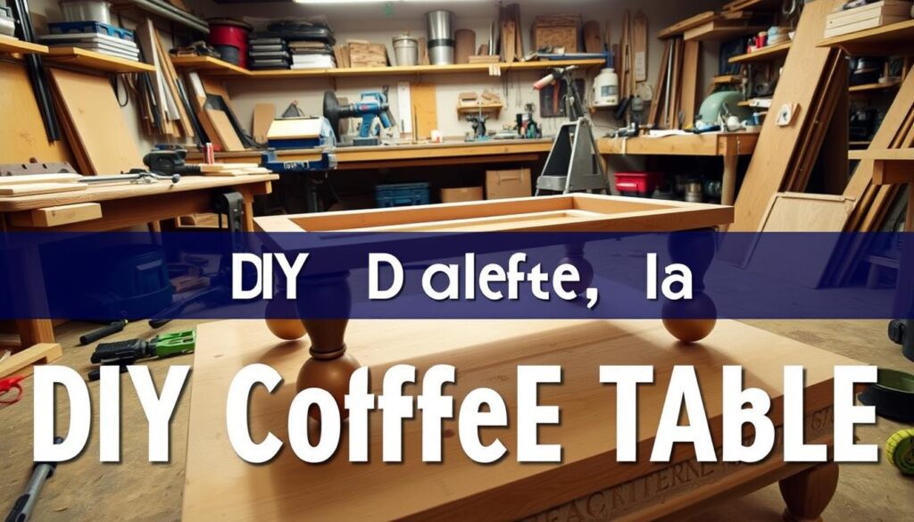 a detailed step-by-step construction process of a DIY coffee table with stylish ball legs, viewed from a workshop perspective. The foreground shows the various components being assembled, including the tabletop, legs, and hardware. The middle ground features tools, clamps, and materials used in the construction process. The background depicts a well-lit workshop space with shelves, workbench, and other woodworking equipment. The lighting is warm and natural, creating a cozy atmosphere. The camera angle is slightly elevated to provide a clear overview of the entire construction workflow. The focus is on showcasing the key stages of the DIY coffee table build in a visually engaging and informative manner.