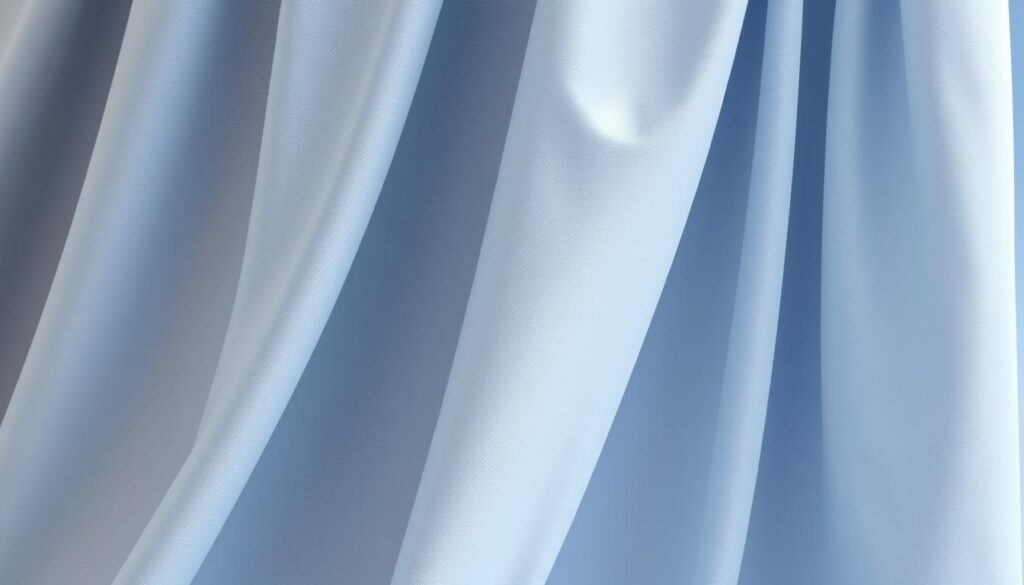 a high-quality close-up photograph of soft, flowing, textured fabric in a light blue or gray color, suitable for a gathered or straight panel skirt, with a clean and elegant look, shot in natural lighting with a shallow depth of field to emphasize the fabric's drape and texture, creating a calming, sophisticated atmosphere ideal for a DIY home decor project