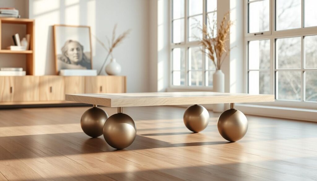 a high-quality, detailed image of a modern coffee table or side table with sleek, minimalist ball legs in a bright, airy room with warm, natural lighting. The table is made of light-colored wood or a material like marble or stone, with a clean, geometric design. The ball legs are smooth and polished, with a subtle metallic or matte finish that contrasts beautifully with the table top. The image captures the table from an angle that highlights the elegant, sculptural quality of the ball leg design, set against a backdrop of minimal, modern decor and large windows allowing in plenty of natural light.