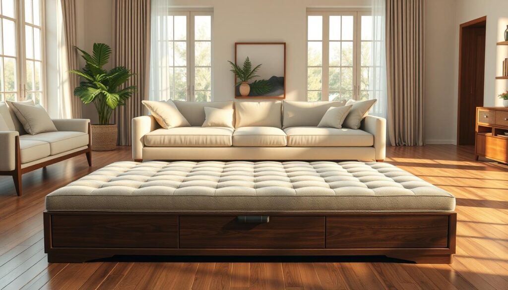 a high-quality, photorealistic image of an ottoman coffee table showcasing its key benefits in a well-lit, spacious living room setting. The ottoman is centrally positioned, with a soft, plush surface in a neutral color palette. The table features hidden storage compartments and a sturdy, yet stylish wooden frame. Warm, natural lighting floods the room, accentuating the table's elegant design and emphasizing its versatility as both a functional and decorative piece of furniture. The overall scene conveys a sense of comfort, practicality, and refined sophistication, reflecting the subject of the article's "Understanding the Project and Key Benefits" section.