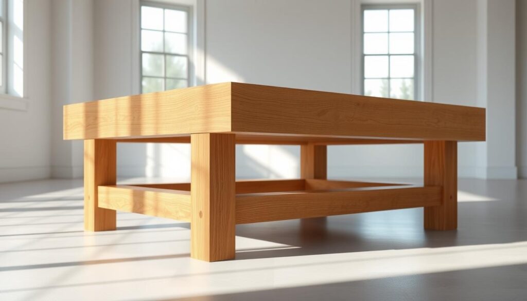 a highly detailed, photorealistic 3D rendering of a sturdy, well-crafted coffee table base made from thick, solid oak beams, with a clean and minimalist design. the base is raised on four sturdy, tapered legs that provide a solid foundation. the wood has a warm, natural grain texture and a rich, honey-toned finish. the base is situated in a bright, airy studio space with large windows, allowing natural light to cast soft, even shadows across the surface. the scene is captured from a slightly elevated perspective, highlighting the clean lines and simple elegance of the design.