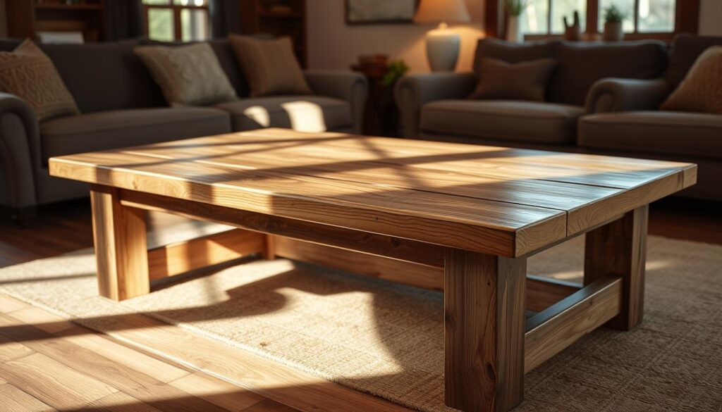 a rustic farmhouse coffee table with a distressed wood finish, standing in a cozy and warm-lit living room. The table has a thick, sturdy frame with visible knots and grains, hinting at its handcrafted nature. The tabletop is slightly uneven, adding to the vintage charm. Soft, diffused lighting illuminates the room, casting gentle shadows that highlight the table's textured surface. The overall atmosphere is one of rustic elegance, inviting relaxation and a sense of timeless, country-inspired comfort.
