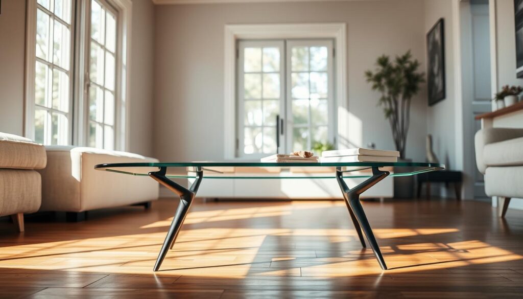 a sleek, modern glass coffee table with a minimalist design, sitting on a hardwood floor in a bright, airy living room. The table has a clear, tempered glass top with beveled edges, supported by slim, tapered metal legs in a matte black finish. Sunlight streams through large windows, casting soft, diffused illumination across the scene. A few decorative accessories, such as a small potted plant or a stack of books, accent the table's simple yet elegant appearance. The overall atmosphere is one of clean, contemporary style and understated sophistication. a sleek, modern glass coffee table with a minimalist design, sitting on a hardwood floor in a bright, airy living room. The table has a clear, tempered glass top with beveled edges, supported by slim, tapered metal legs in a matte black finish. Sunlight streams through large windows, casting soft, diffused illumination across the scene. A few decorative accessories, such as a small potted plant or a stack of books, accent the table's simple yet elegant appearance. The overall atmosphere is one of clean, contemporary style and understated sophistication.