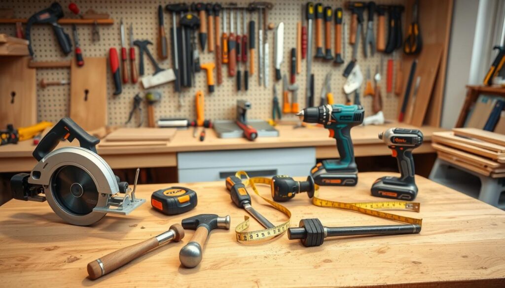 a well-lit woodworking workshop, filled with essential tools arranged neatly on a wooden workbench. In the foreground, a circular saw, a cordless drill, a hammer, and a tape measure sit in an organized layout. In the middle ground, a miter saw and a set of chisels stand ready for use. The background features a pegboard holding a variety of hand tools, including clamps, screwdrivers, and a level. The overall scene conveys a sense of preparedness and attention to detail, suitable for the DIY coffee table project.